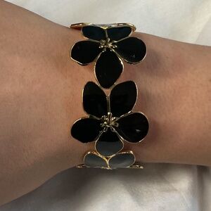 Black Enamel Stainless Steel Adjustable Flower Cuff Bracelet